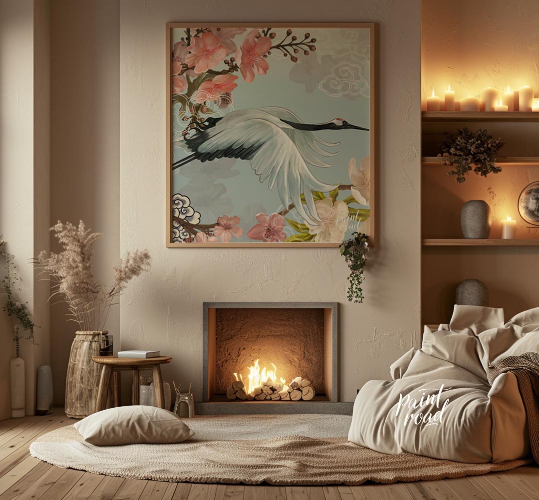 This exquisite digital artwork captures the elegant flight of a Japanese Red-crowned Crane amidst a… for living room