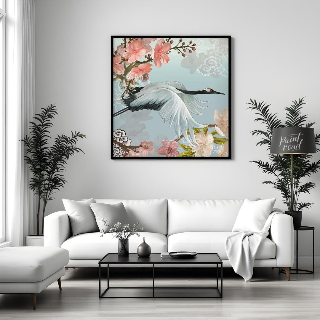 This exquisite digital artwork captures the elegant flight of a Japanese Red-crowned Crane amidst a… for living room