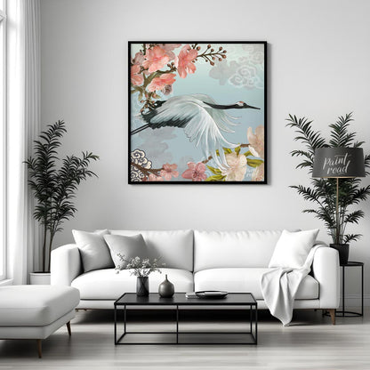 This exquisite digital artwork captures the elegant flight of a Japanese Red-crowned Crane amidst a… for living room