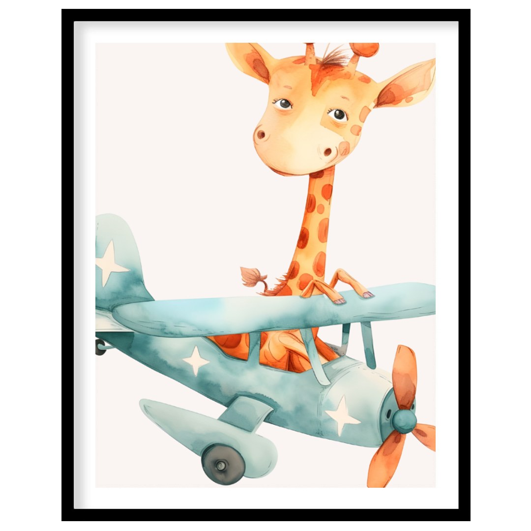 This delightful poster captures a whimsical moment of a giraffe piloting a vintage blue airplane th… for home