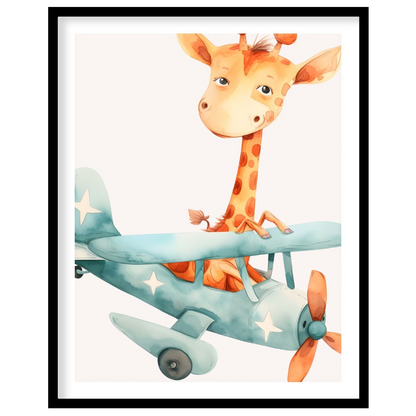 This delightful poster captures a whimsical moment of a giraffe piloting a vintage blue airplane th… for home