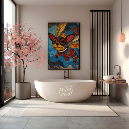This vibrant and whimsical painting depicts a chihuahua-like dog with large, expressive eyes and or… for bathroom