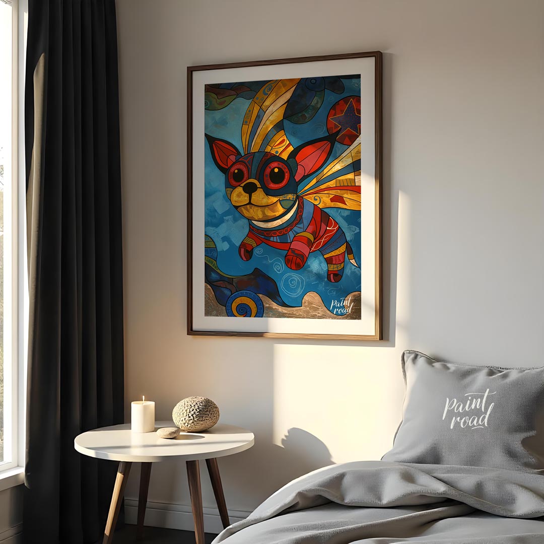 This vibrant and whimsical painting depicts a chihuahua-like dog with large, expressive eyes and or… for bedroom