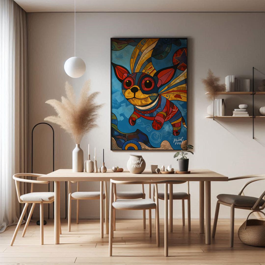 This vibrant and whimsical painting depicts a chihuahua-like dog with large, expressive eyes and or… for dining room