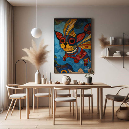 This vibrant and whimsical painting depicts a chihuahua-like dog with large, expressive eyes and or… for dining room