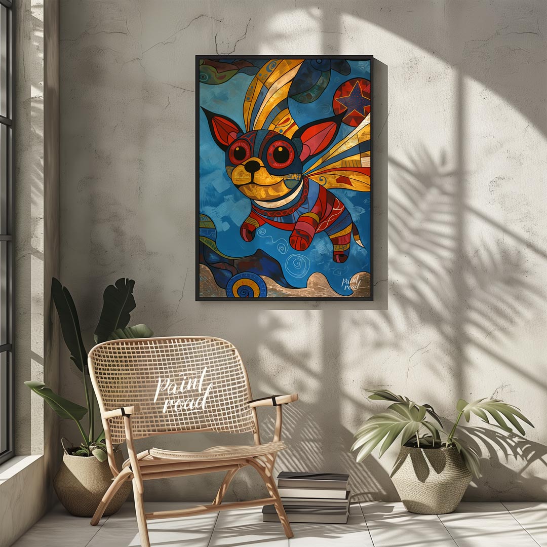 This vibrant and whimsical painting depicts a chihuahua-like dog with large, expressive eyes and or… for living room