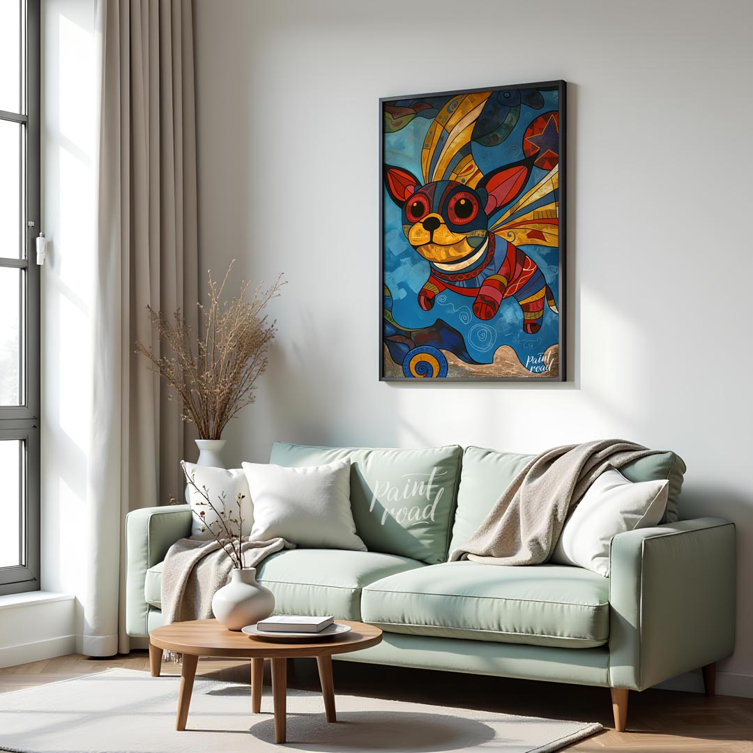 This vibrant and whimsical painting depicts a chihuahua-like dog with large, expressive eyes and or… for living room