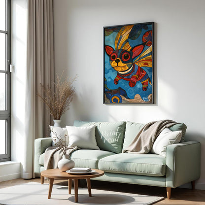 This vibrant and whimsical painting depicts a chihuahua-like dog with large, expressive eyes and or… for living room