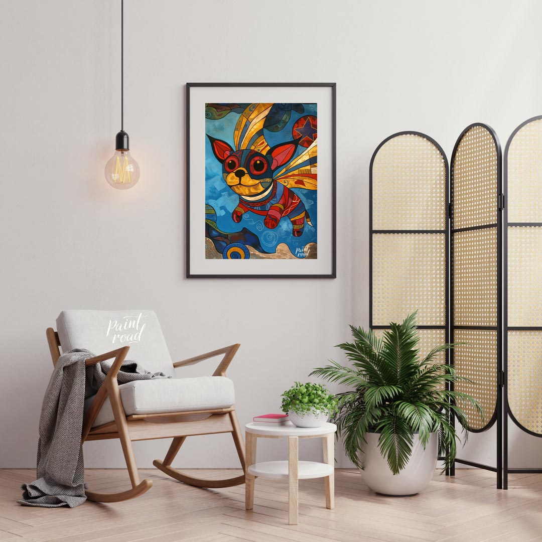 This vibrant and whimsical painting depicts a chihuahua-like dog with large, expressive eyes and or… for living room