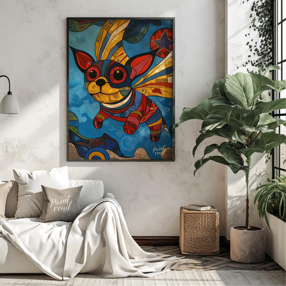 This vibrant and whimsical painting depicts a chihuahua-like dog with large, expressive eyes and or… for living room
