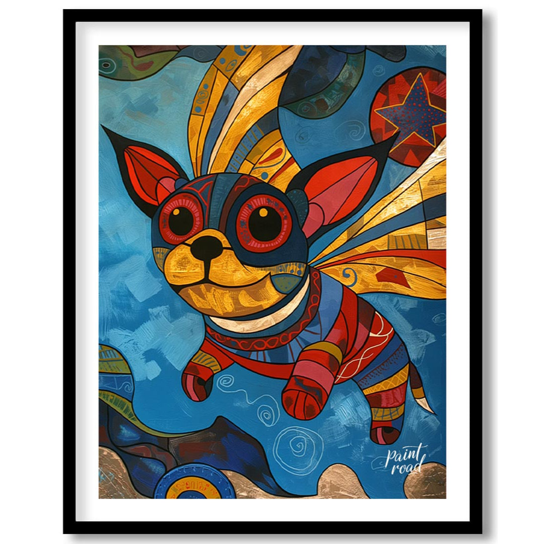 This vibrant and whimsical painting depicts a chihuahua-like dog with large, expressive eyes and or… for lovely house