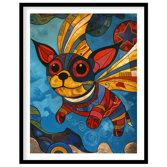 This vibrant and whimsical painting depicts a chihuahua-like dog with large, expressive eyes and or… for lovely house