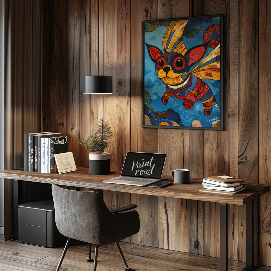 This vibrant and whimsical painting depicts a chihuahua-like dog with large, expressive eyes and or… for office