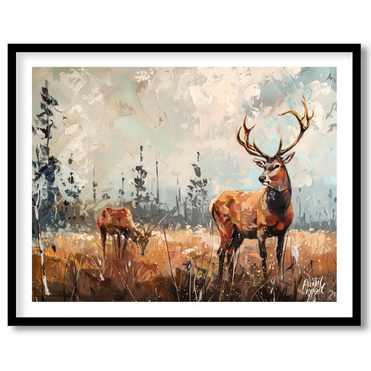 This striking oil painting features two majestic stags in a moody, textured forest landscape. The d… for residence
