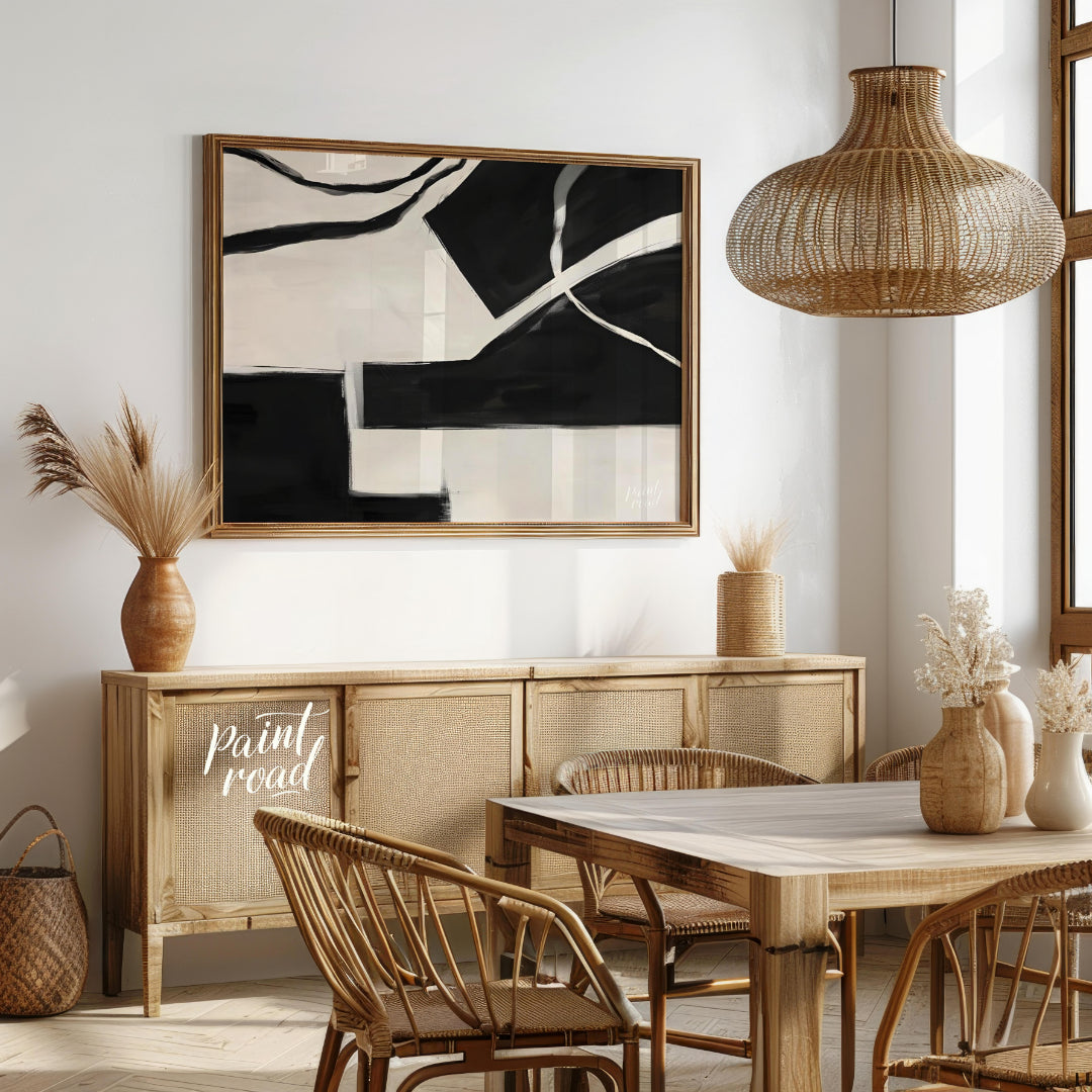 """Fractured Harmony"" presents a dynamic composition of stark black and white shapes, creating a s… for dining room