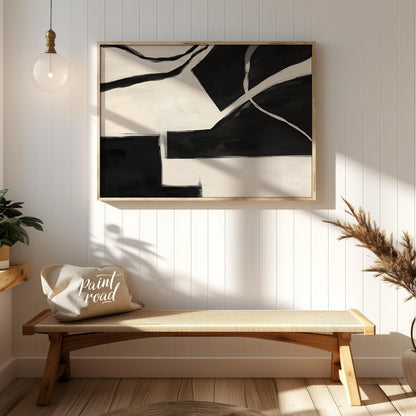 """Fractured Harmony"" presents a dynamic composition of stark black and white shapes, creating a s… for entryway