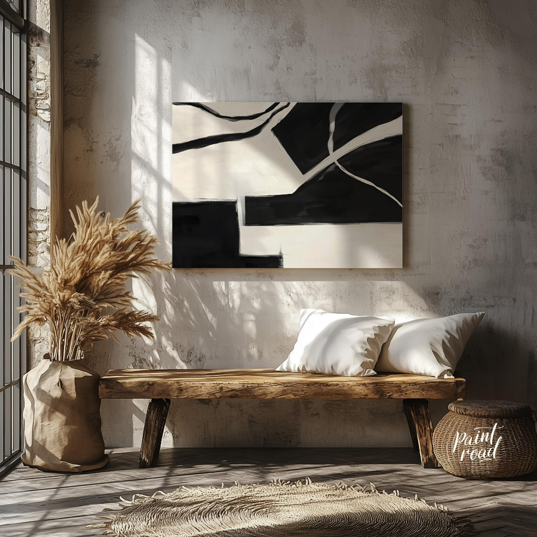 """Fractured Harmony"" presents a dynamic composition of stark black and white shapes, creating a s… for entryway