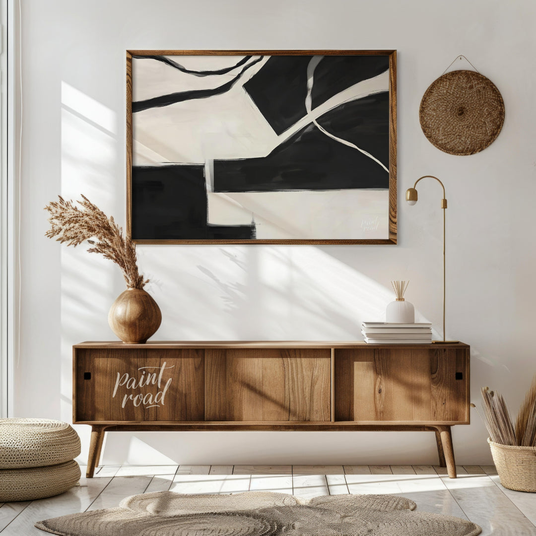 """Fractured Harmony"" presents a dynamic composition of stark black and white shapes, creating a s… for living room