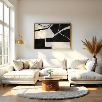 """Fractured Harmony"" presents a dynamic composition of stark black and white shapes, creating a s… for living room