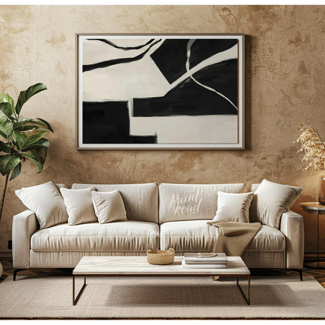 """Fractured Harmony"" presents a dynamic composition of stark black and white shapes, creating a s… for living room