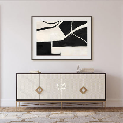 """Fractured Harmony"" presents a dynamic composition of stark black and white shapes, creating a s… for living room