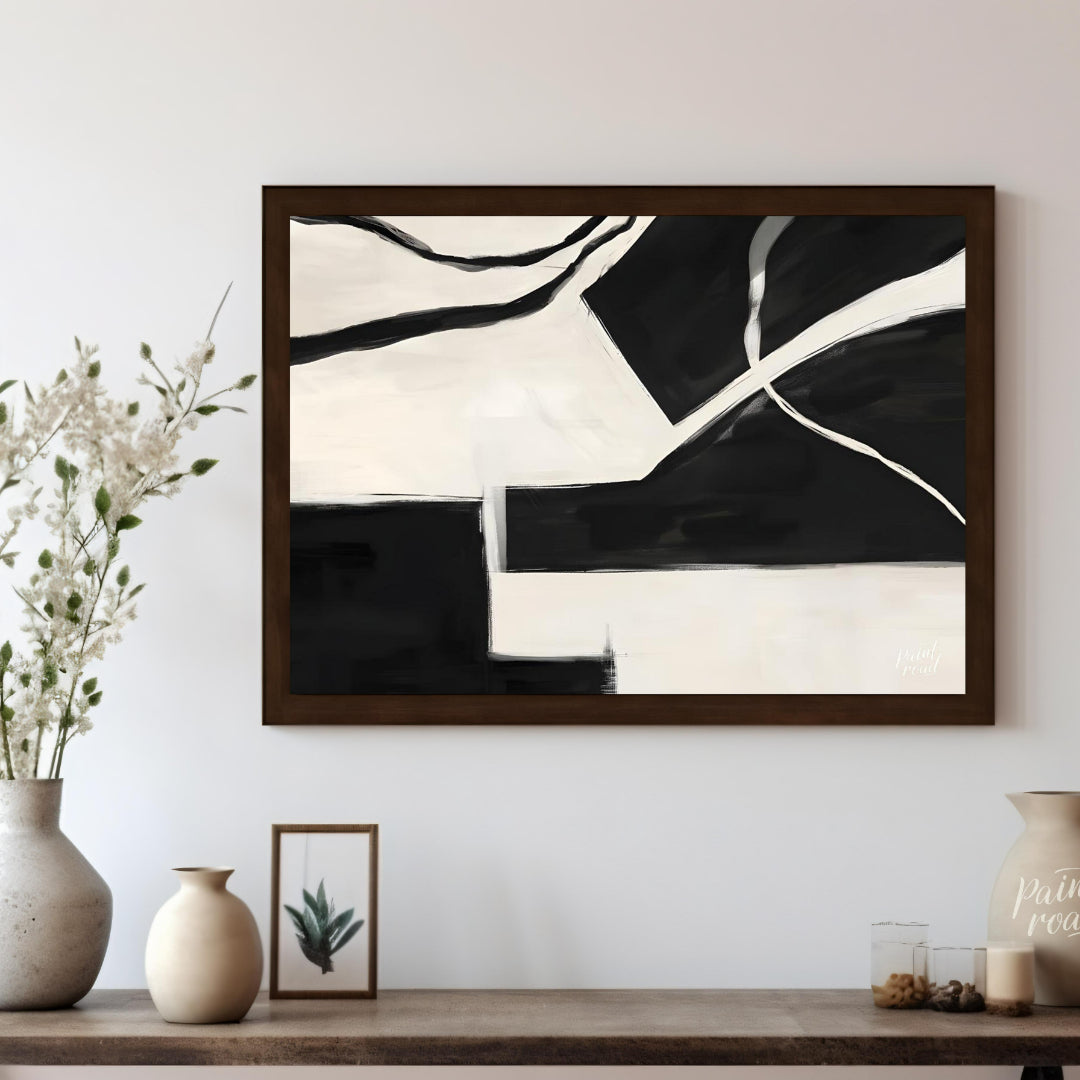 """Fractured Harmony"" presents a dynamic composition of stark black and white shapes, creating a s… for living room