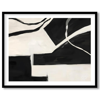 """Fractured Harmony"" presents a dynamic composition of stark black and white shapes, creating a s… for space