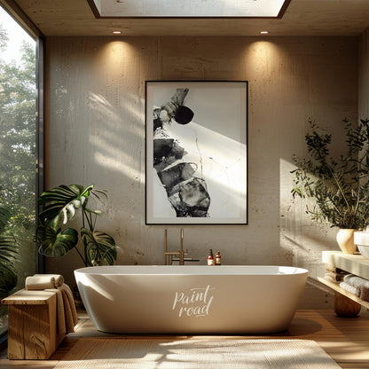 """Fragmented Form"" presents an abstract composition with a focus on layered textures and dynamic … for bathroom