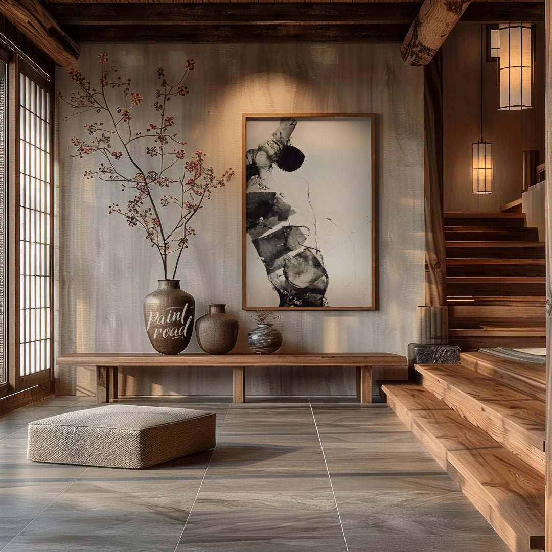 """Fragmented Form"" presents an abstract composition with a focus on layered textures and dynamic … for entryway