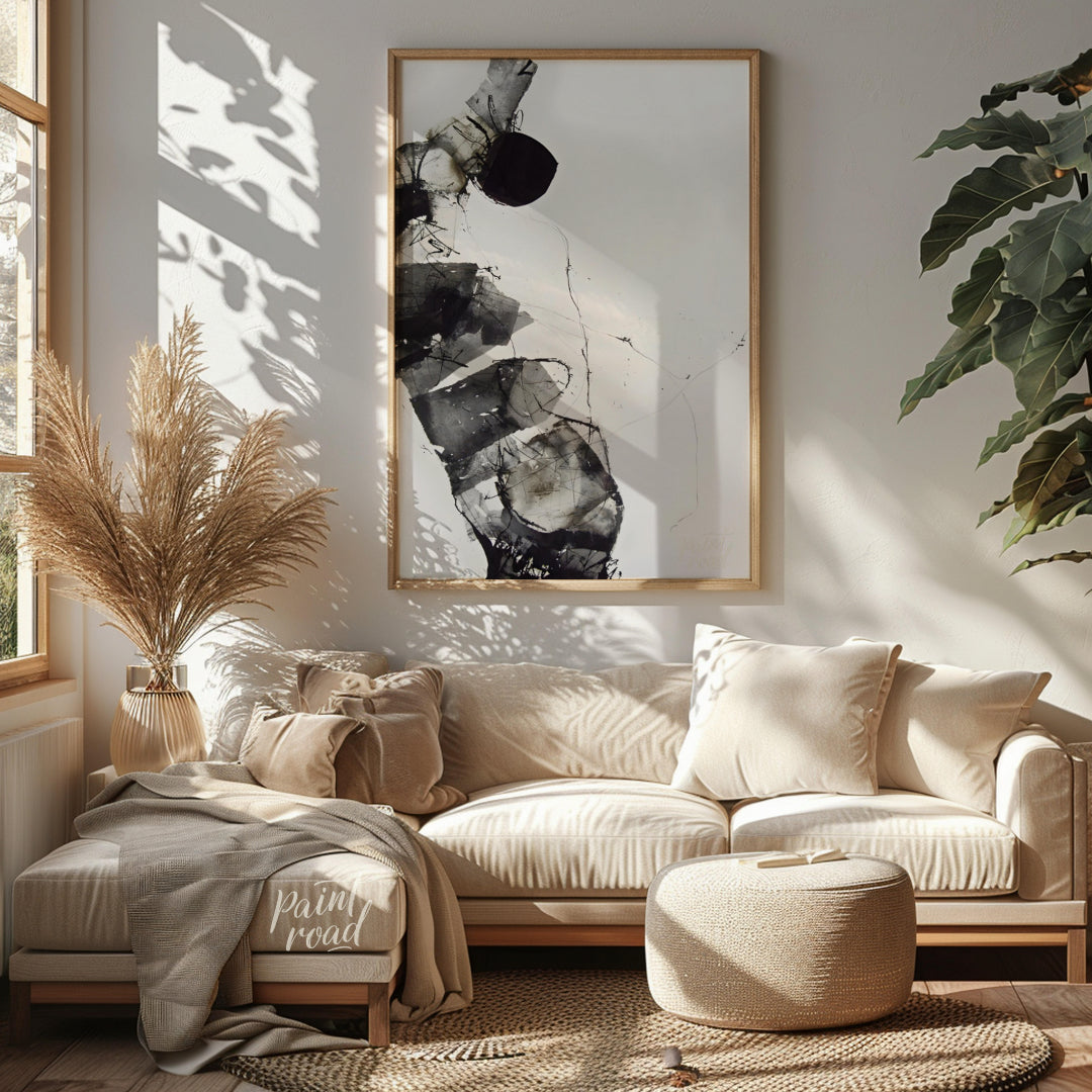 """Fragmented Form"" presents an abstract composition with a focus on layered textures and dynamic … for living room
