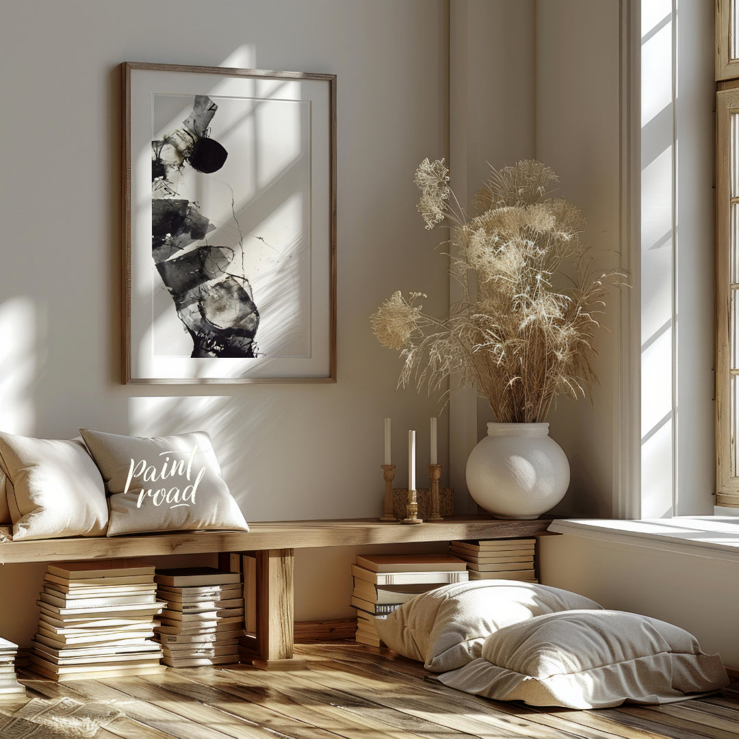 """Fragmented Form"" presents an abstract composition with a focus on layered textures and dynamic … for living room
