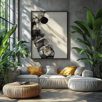 """Fragmented Form"" presents an abstract composition with a focus on layered textures and dynamic … for living room