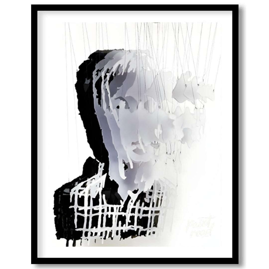 """Fragmented Portrait"" presents a striking sculptural image of a human face constructed from laye… for area