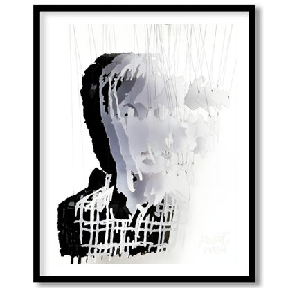 """Fragmented Portrait"" presents a striking sculptural image of a human face constructed from laye… for area