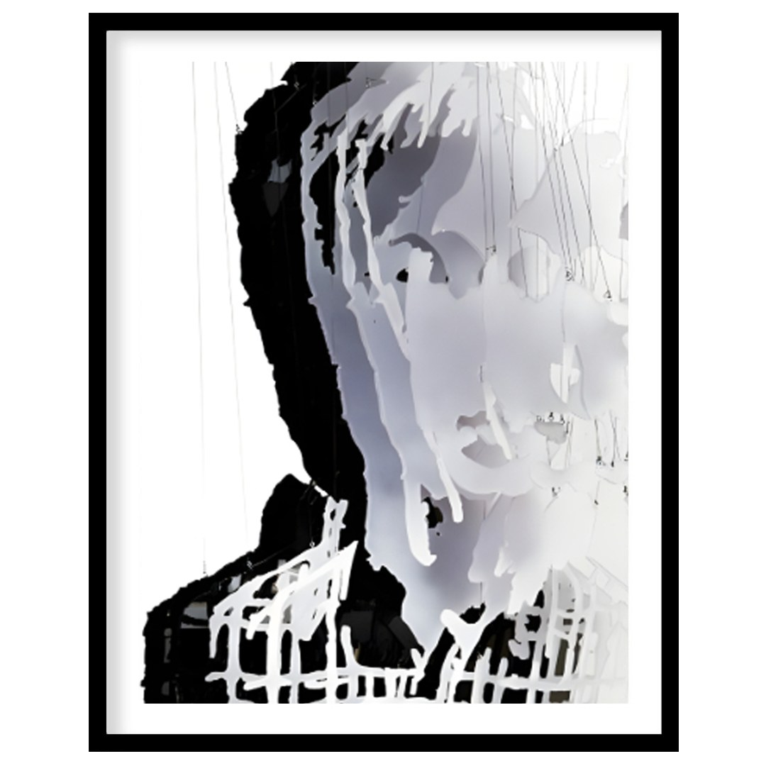 """Fragmented Portrait"" presents a striking sculptural image of a human face constructed from laye… for area