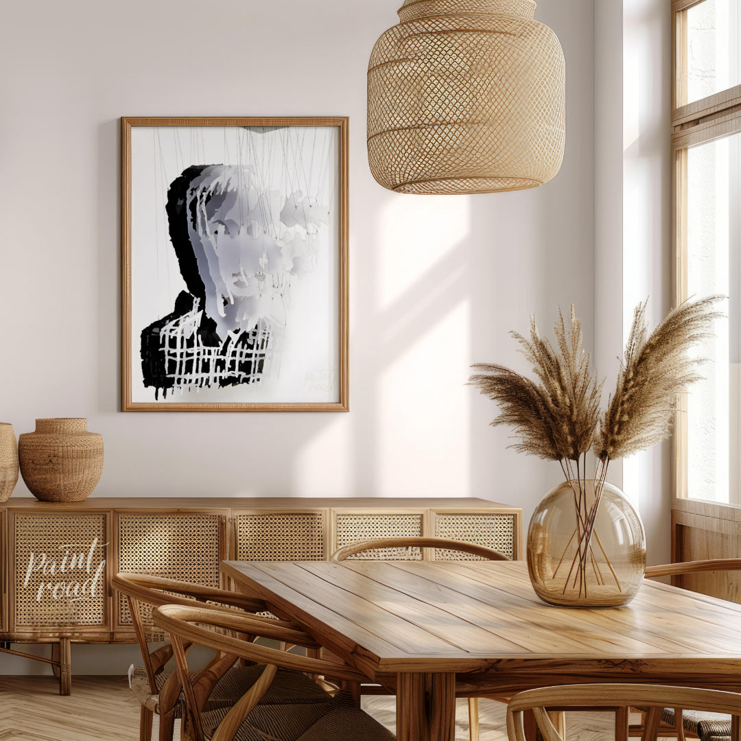"""Fragmented Portrait"" presents a striking sculptural image of a human face constructed from laye… for dining room