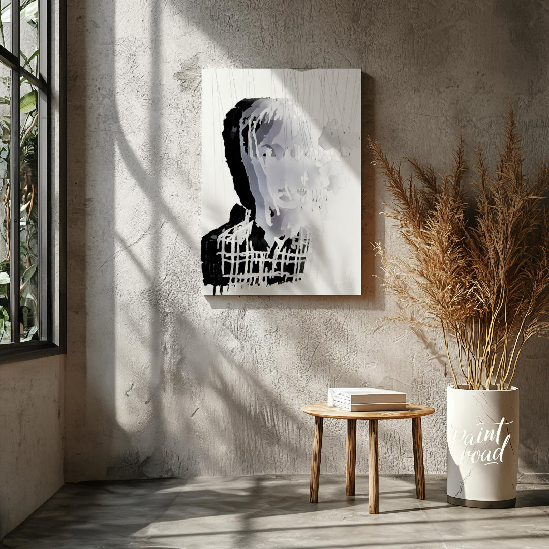 """Fragmented Portrait"" presents a striking sculptural image of a human face constructed from laye… for living room