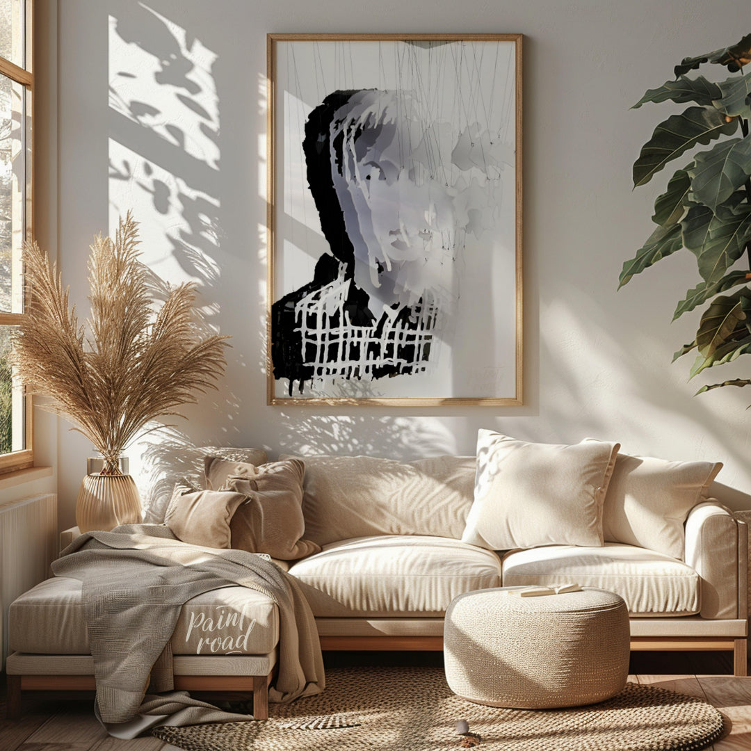 """Fragmented Portrait"" presents a striking sculptural image of a human face constructed from laye… for living room