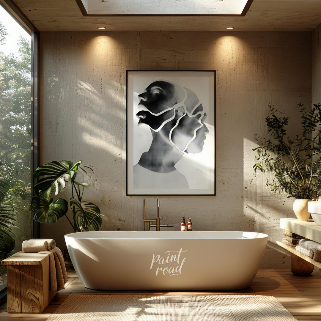 """Fragmented Self"" presents a striking portrait rendered in grayscale with a unique, segmented ae… for bathroom