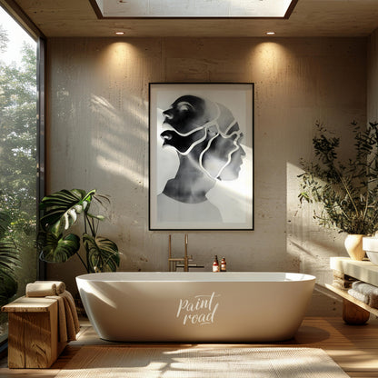 """Fragmented Self"" presents a striking portrait rendered in grayscale with a unique, segmented ae… for bathroom