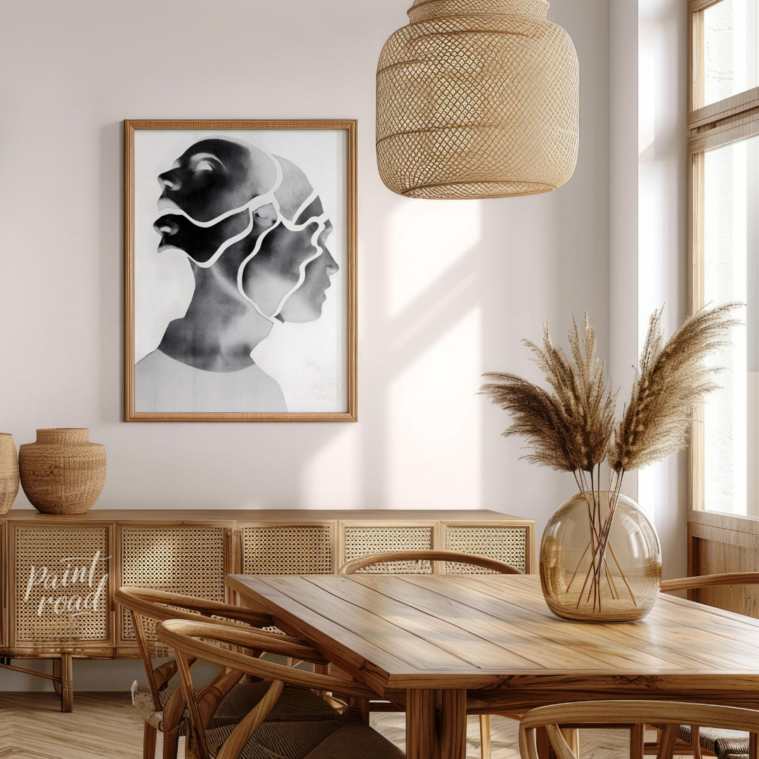 """Fragmented Self"" presents a striking portrait rendered in grayscale with a unique, segmented ae… for dining room