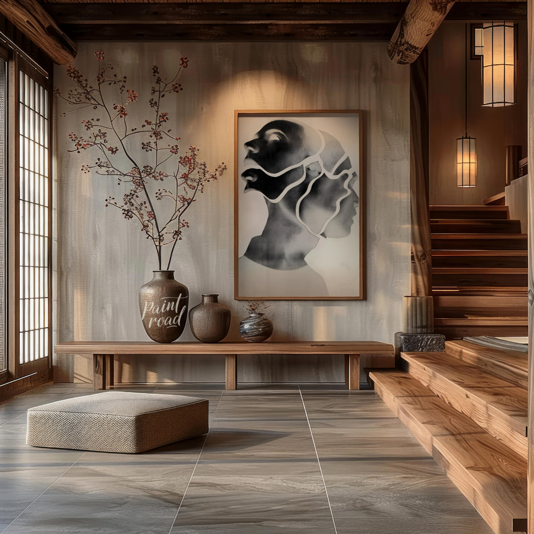"""Fragmented Self"" presents a striking portrait rendered in grayscale with a unique, segmented ae… for entryway
