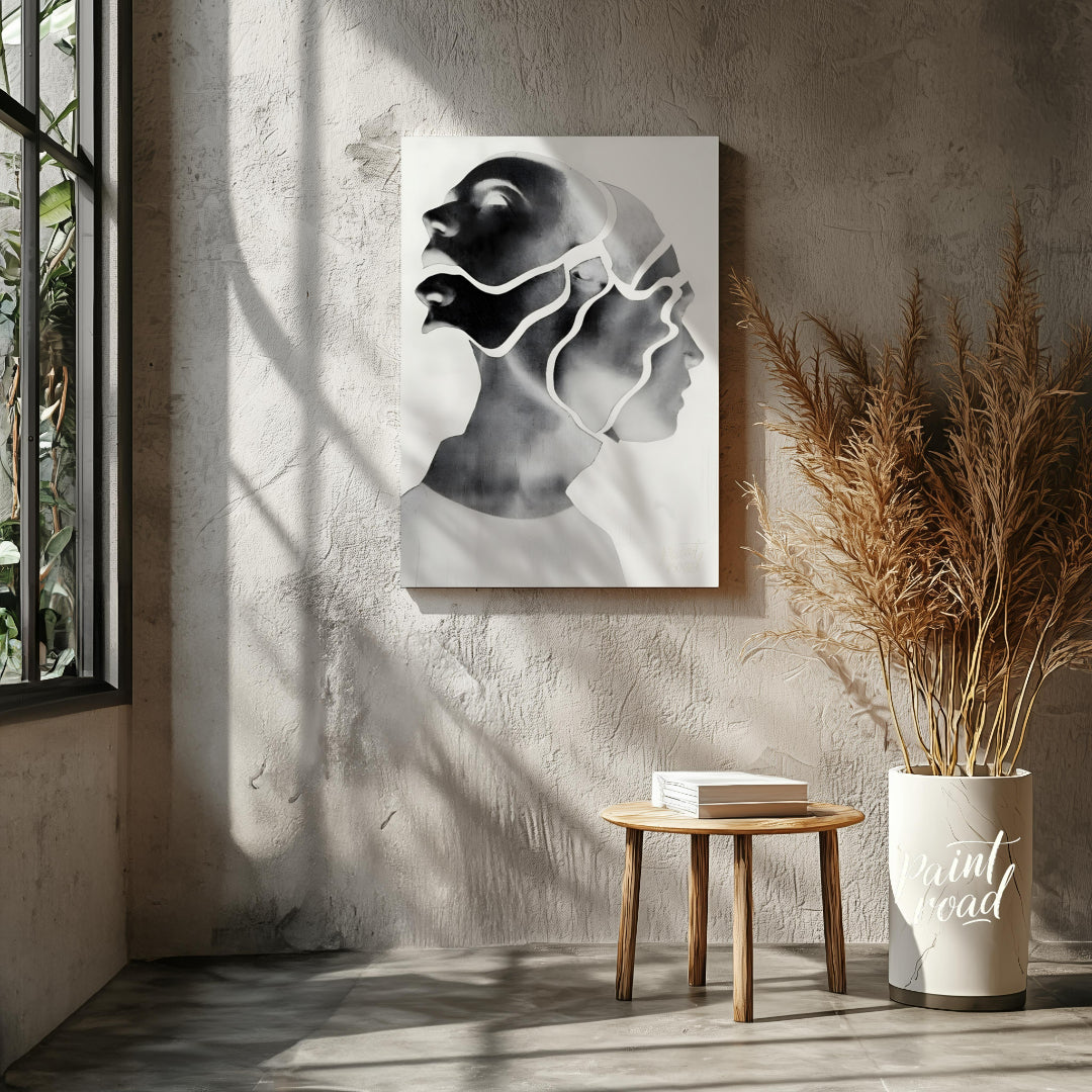 """Fragmented Self"" presents a striking portrait rendered in grayscale with a unique, segmented ae… for living room