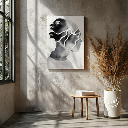 """Fragmented Self"" presents a striking portrait rendered in grayscale with a unique, segmented ae… for living room
