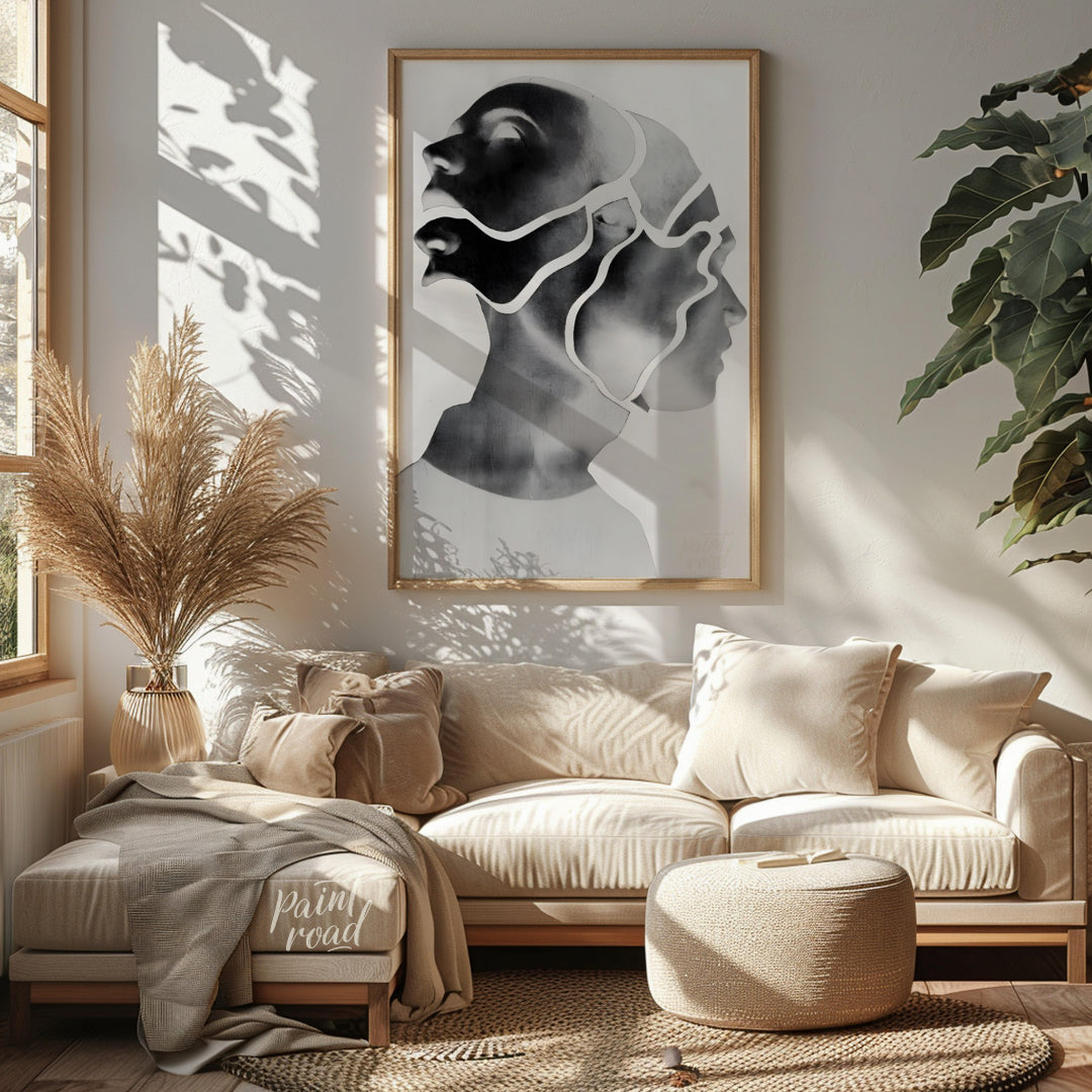 """Fragmented Self"" presents a striking portrait rendered in grayscale with a unique, segmented ae… for living room