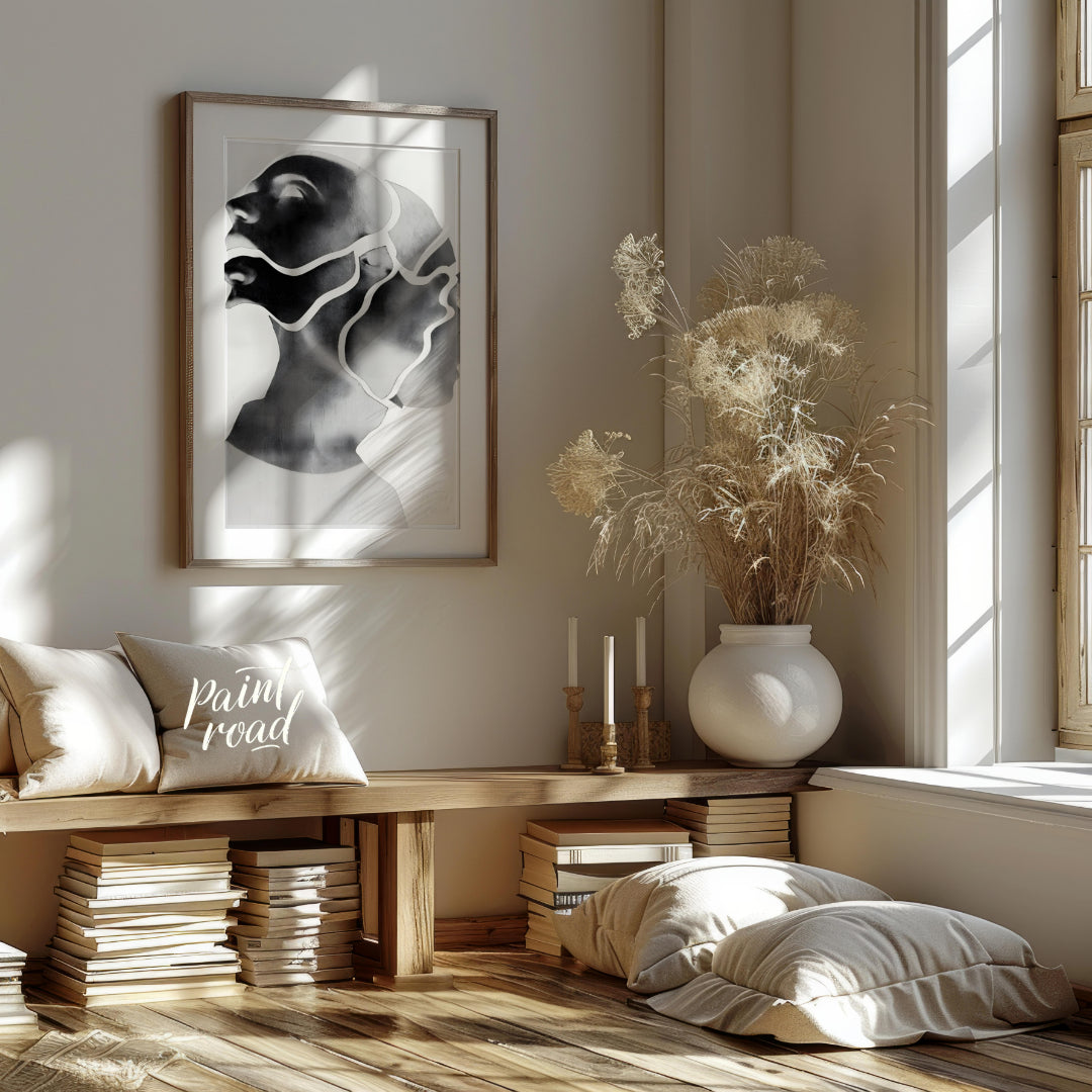"""Fragmented Self"" presents a striking portrait rendered in grayscale with a unique, segmented ae… for living room