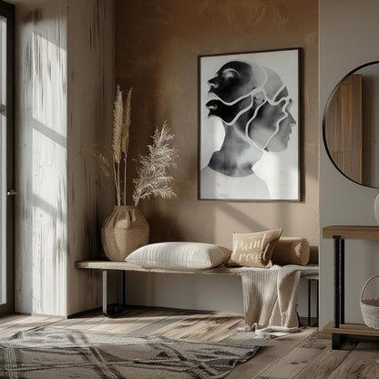 """Fragmented Self"" presents a striking portrait rendered in grayscale with a unique, segmented ae… for living room