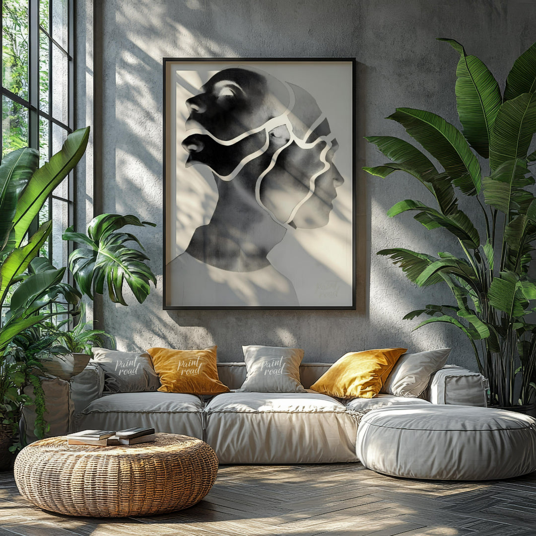 """Fragmented Self"" presents a striking portrait rendered in grayscale with a unique, segmented ae… for living room