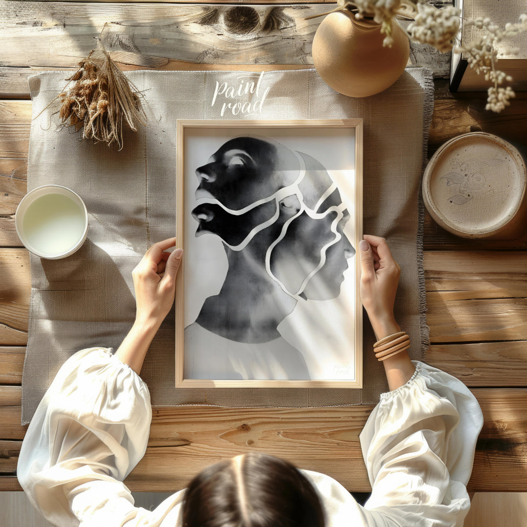 """Fragmented Self"" presents a striking portrait rendered in grayscale with a unique, segmented ae… for other