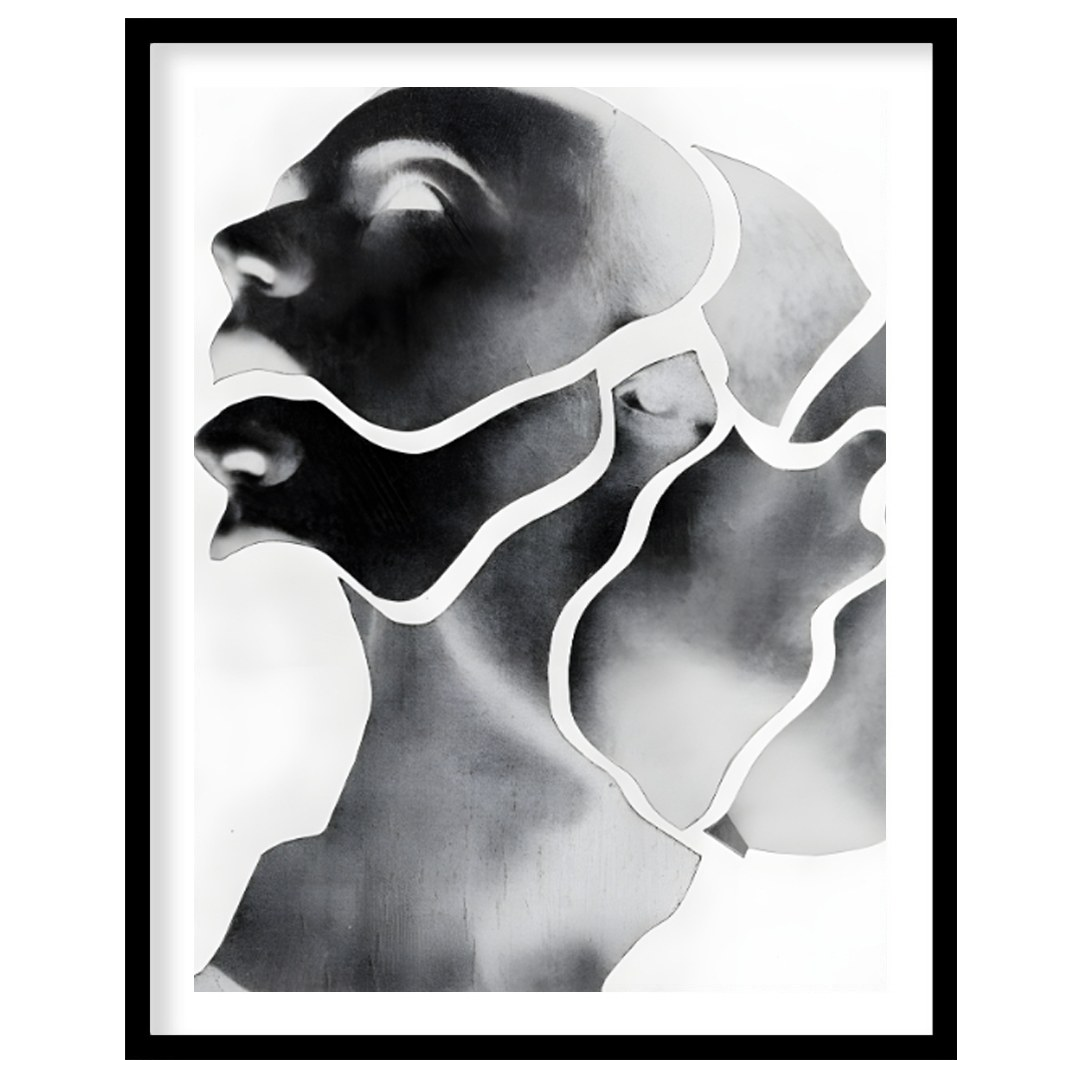 """Fragmented Self"" presents a striking portrait rendered in grayscale with a unique, segmented ae… for sweet home